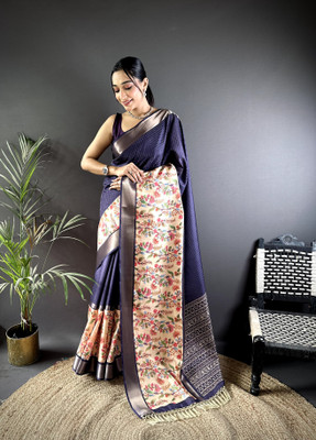 VIRDHI TEXTILE Digital Print Kalamkari Silk Blend, Jacquard Saree(Dark Blue)