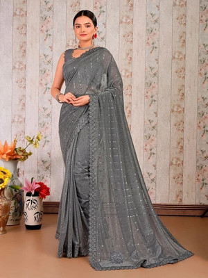 Vraggi Embellished Bollywood Lycra Blend Saree(Grey)