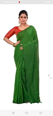 BiswasTextiles Solid/Plain Handloom Cotton Blend Saree(Green)