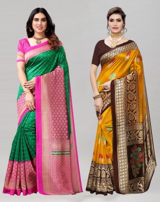 SIRIL Printed, Geometric Print, Floral Print Kanjivaram Cotton Silk Saree(Pack of 2, Multicolor)