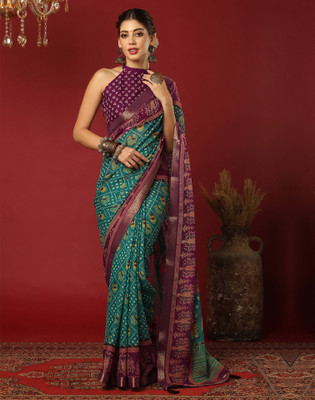 Samah Printed, Embellished Daily Wear Georgette Saree(Green, Purple)