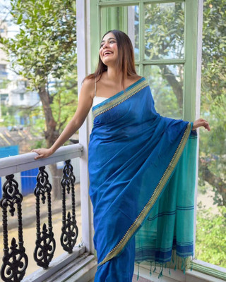 RM CREATION Solid/Plain Handloom Cotton Blend Saree(Blue)