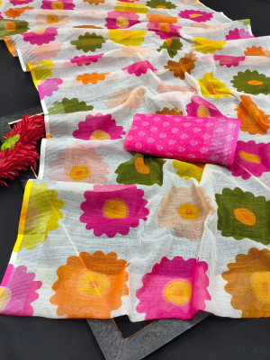 KHANUDI Digital Print Kanjivaram Cotton Linen Saree(Pack of 2, Multicolor)