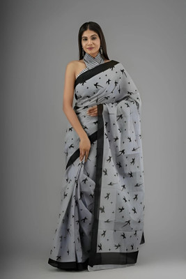RJ CREATION Printed Daily Wear Pure Cotton Saree(Grey)