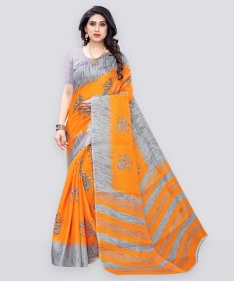 Samah Printed, Geometric Print, Floral Print Mysore Cotton Silk, Silk Blend Saree(Orange)