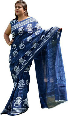 Clothonus Printed Ikkat Pure Cotton Saree(Blue)
