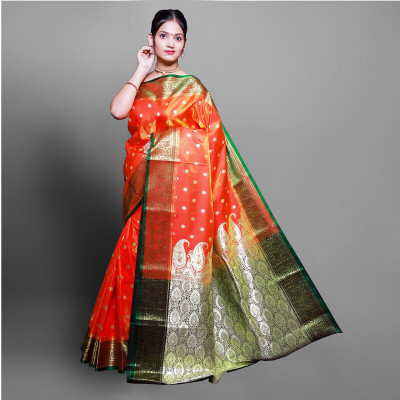 HouseOfCommon Woven Banarasi Art Silk Saree(Orange)