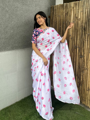 Tasrika Floral Print Bollywood Satin Saree(White)