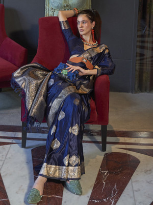 Sareemall Woven Kanjivaram Silk Blend Saree(Dark Blue)