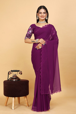 SAADHYA CREATION Solid/Plain Bollywood Georgette Saree(Purple)