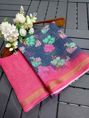 Saaransh Floral Print Kanjivaram Linen, Cotton Silk Saree(Multicolor)