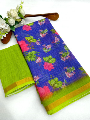 Saaransh Floral Print Kanjivaram Linen, Cotton Silk Saree(Blue)