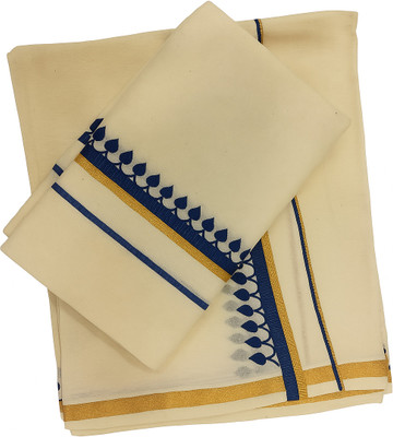 Adhvini Solid/Plain, Printed Mundum Neriyathum Pure Cotton Saree(Dark Blue)