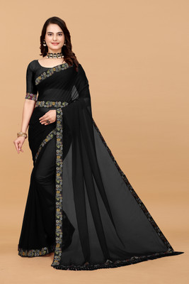 HIJA TRENDZ Embroidered, Solid/Plain Bollywood Georgette Saree(Black)