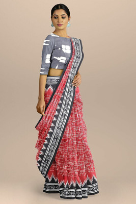 HIYAMI Printed Kanjivaram Cotton Linen Saree(Red, Grey)