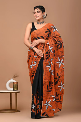 SHOPPEE KART Printed Daily Wear Pure Cotton Saree(Orange)