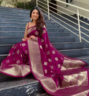 KanjiQueen Woven Banarasi Silk Blend, Pure Silk Saree(Magenta)