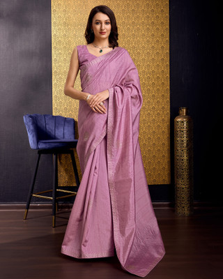DOI MOI Embellished, Solid/Plain, Self Design Bollywood Tussar Silk, Silk Blend Saree(Purple)