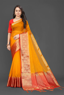 Aarunika IC Solid/Plain, Woven Bollywood Organza Saree(Yellow)