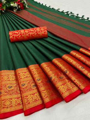 GLISIIS Self Design Banarasi Jacquard Saree(Green)