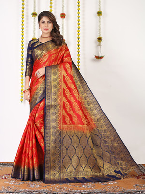 Shopwell Woven Banarasi Organza, Cotton Silk Saree(Multicolor)