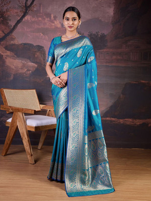 House of Pataudi Woven Banarasi Silk Blend Saree(Light Blue)