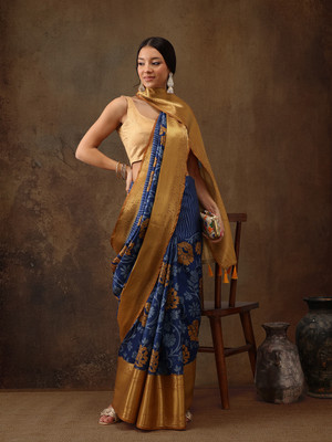 SILK ZONE Digital Print Banarasi Silk Blend Saree(Blue)