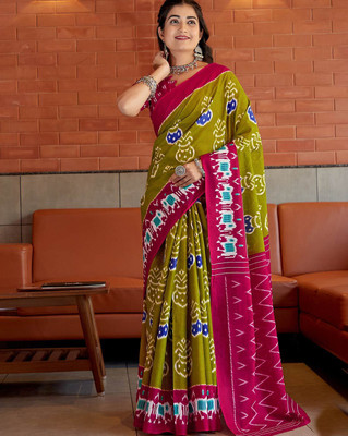 romakrishto Printed Hand Batik Pure Cotton Saree(Pack of 2, Green)