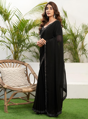 Avishafab Solid/Plain Bollywood Georgette Saree(Black)
