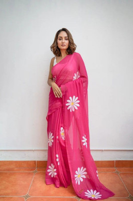 riyanshi fashion Floral Print Bollywood Cotton Linen Saree(Pink)