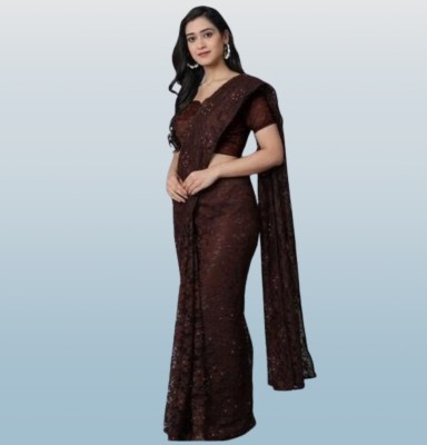 Fashion Field Embroidered Bollywood Net Saree(Brown)