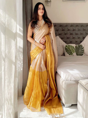 ANIRAV Solid/Plain Daily Wear Chanderi Saree(Yellow)