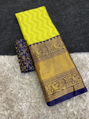 A To Z Cart Embellished Banarasi Cotton Silk Saree(Dark Green, Blue)