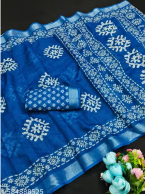 MANSI FASHION Printed, Geometric Print, Floral Print, Blocked Printed, Digital Print Daily Wear Cotton Linen Saree(Blue)