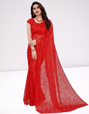 Vragi Floral Print Bollywood Net Saree(Pack of 2, Red)