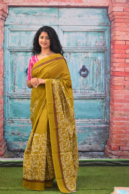 Kiaaron Printed Daily Wear Pure Cotton Saree(Mustard)