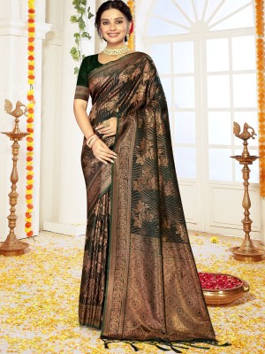 BUNAWAT Woven Handloom Satin Saree(Green)