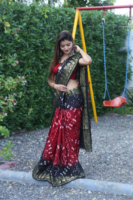 jeravi Printed Bandhani Art Silk Saree(Maroon, Black)