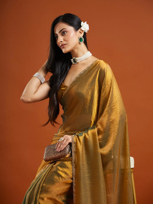 OMICRON FAB Solid/Plain Bollywood Chiffon Saree(Gold)