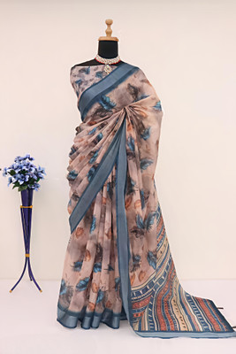 Marabout Digital Print Bollywood Cotton Linen Saree(Brown)
