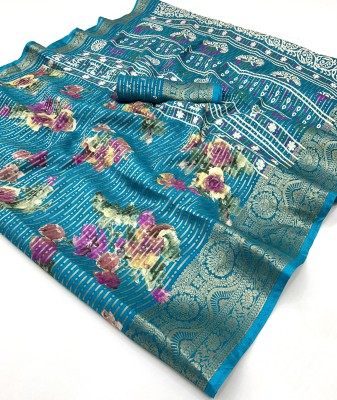 KOMAL NX Floral Print Bollywood Silk Blend Saree(Light Blue)