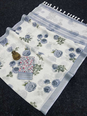 Margi Designers Floral Print Handloom Cotton Linen Saree(White)