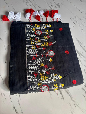WeaveAura Embroidered Handloom Cotton Blend Saree(Black)