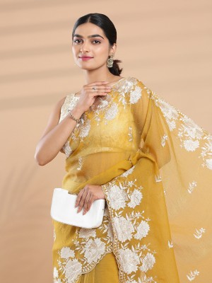 Kalyan Silks Embroidered Bollywood Organza Saree(Mustard)