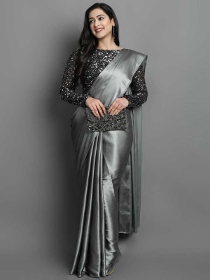 Arpita Fashion Solid/Plain Bollywood Satin Saree(Grey)