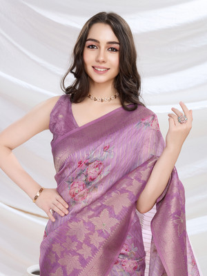 Tasrika Digital Print, Floral Print Banarasi Pure Cotton Saree(Pink)