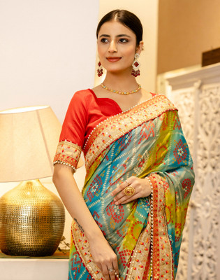 Satrani Printed, Embellished, Embroidered Bandhani Silk Blend Saree(Multicolor)