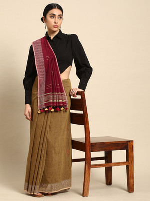 Taavi Woven Handloom Pure Cotton Saree(Brown)