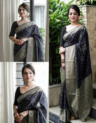 Samah Self Design, Woven, Embellished Banarasi Jacquard, Pure Silk Saree(Gold, Black)