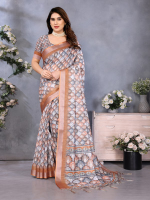 Millstar Digital Print Bollywood Cotton Linen, Art Silk Saree(Brown)